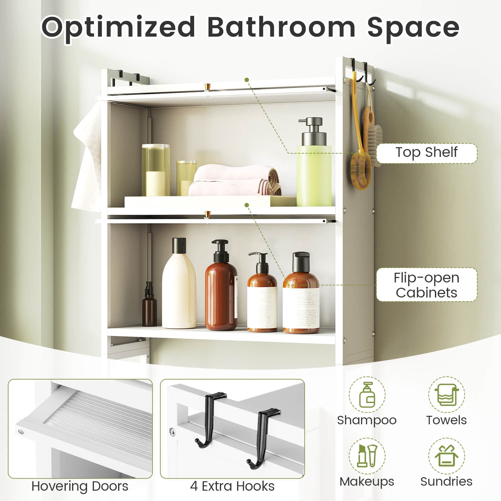 Costway 66” Bathroom Organizer with 2 Flip-up Cabinets, See-through Fluted Doors, 4 Hooks White