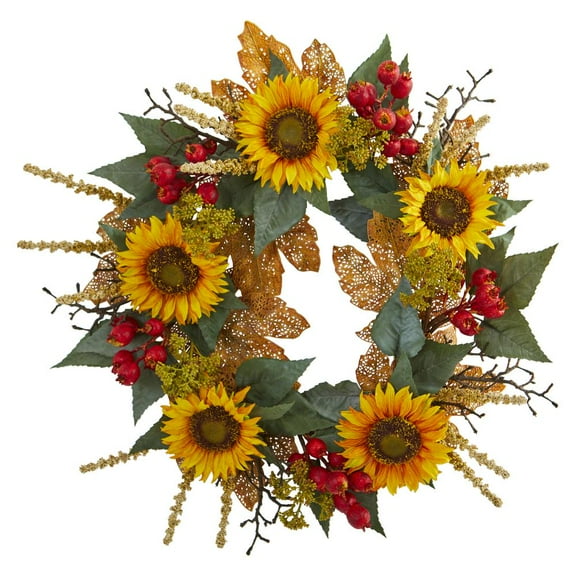 Nearly Natural 27in. Sunflower Berry Artificial Wreath