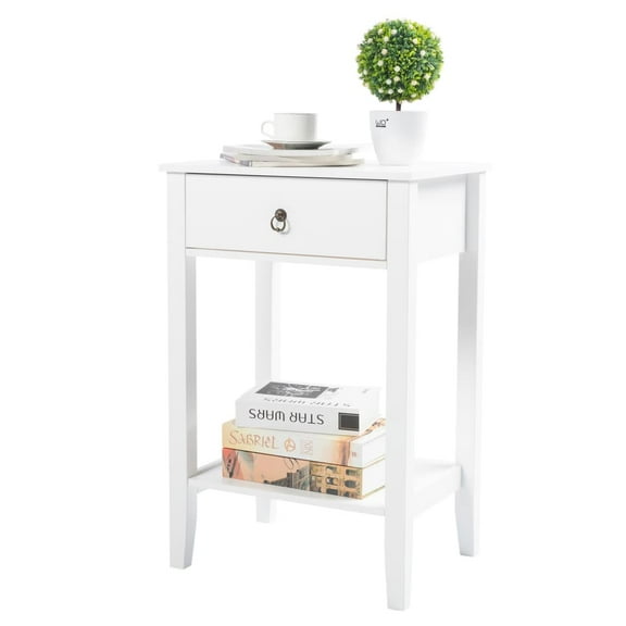 Hassch Modern Side Table, Night Stand with Open Shelf and Storage Drawer, End Table for Small Space, Living Room, Bedroom, White