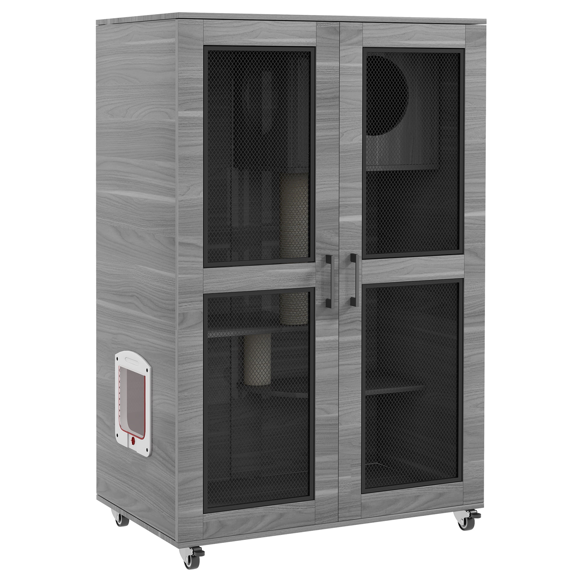 PawHut Cat House with Cat Tree Kitty Cage with Scratching Posts Condo Wheels Flap Door, Gray, 31.5" x 20" x 48.5"