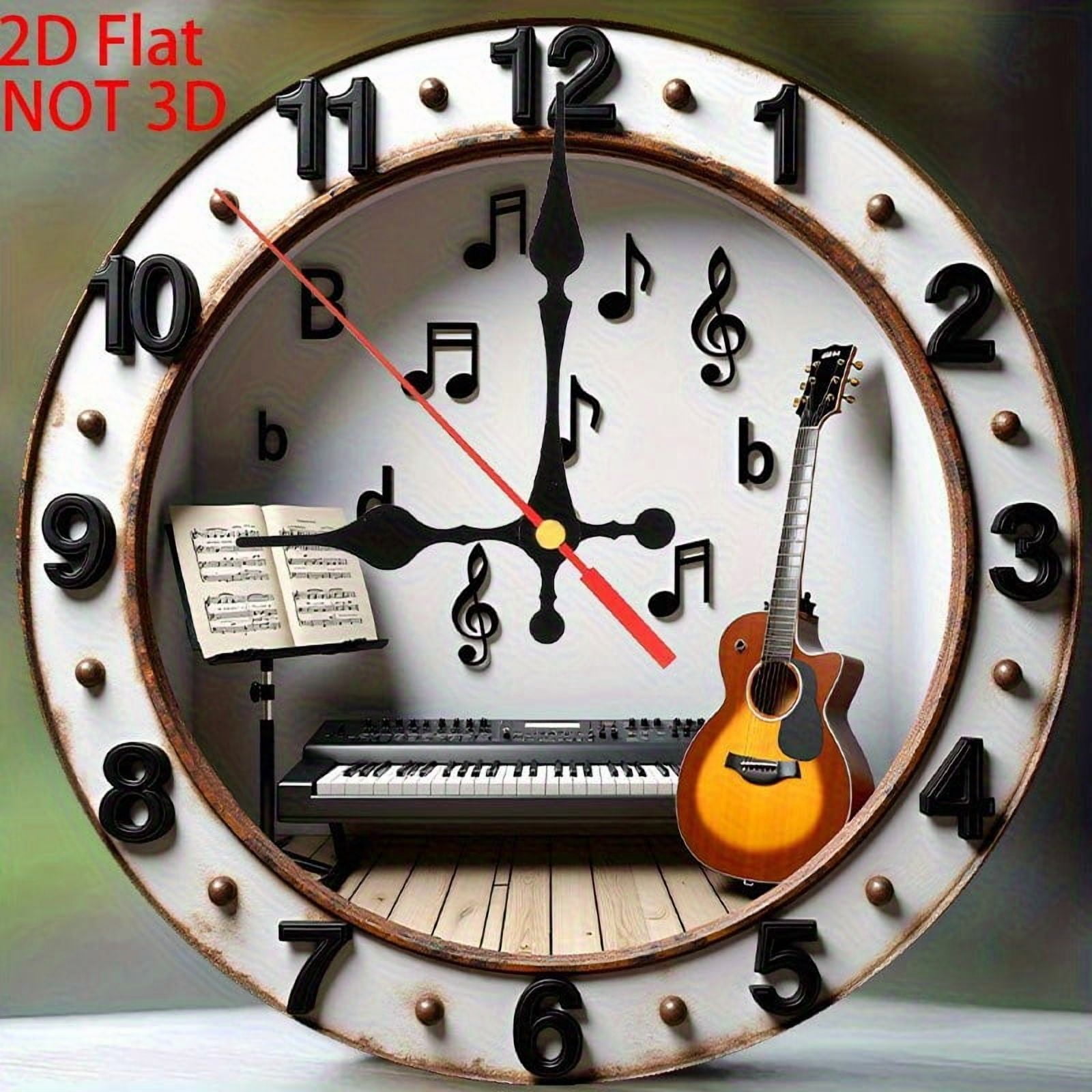 10 Inches 2D Flat Retro Print Musical Theme Wall Clock, Guitar & Piano Art, Wooden Quartz Clock, Room Home Decoration, Non‑Glowing Design
