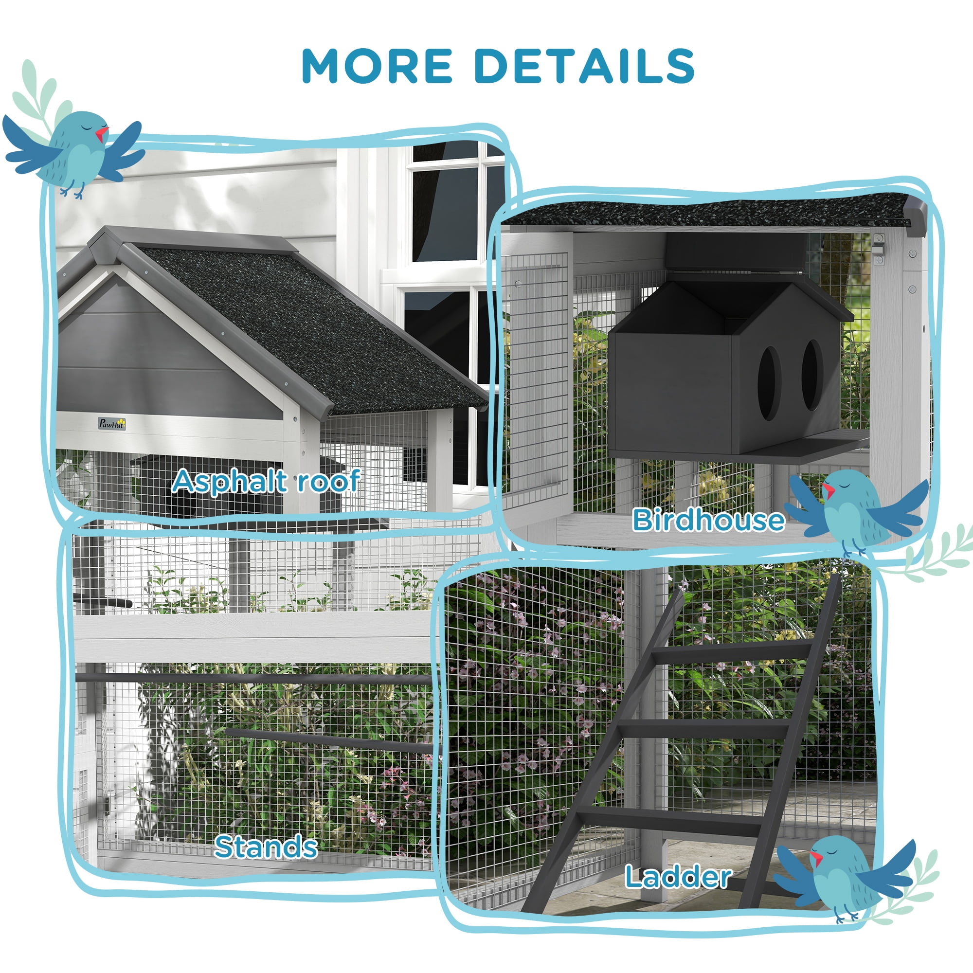 PawHut Wooden Bird Aviary with Slide-Out Tray, Birdhouse, Ladder, Perches