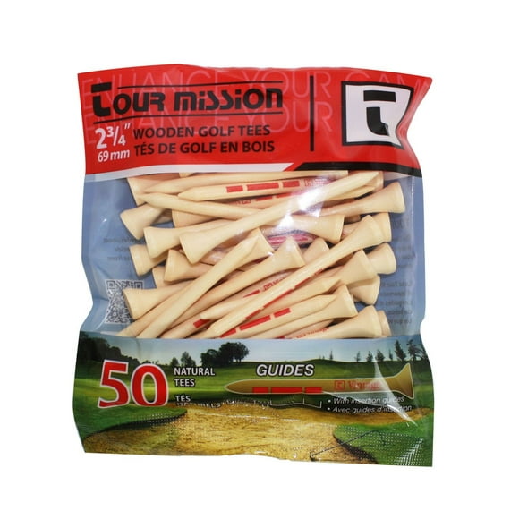 Tour Mission 2 3/4'' (69 mm) Wooden Golf Tees, #11194, Pack of 50 - Natural