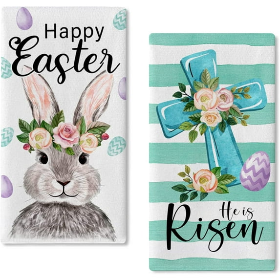 JOOCAR Easter Kitchen Towels, Mint Green Striped Cross Easter Bunny Rose Eggs 16x27.5 Inches Kitchen Towels for Kitchen Decor Housewarming Gift Towels Set of 2