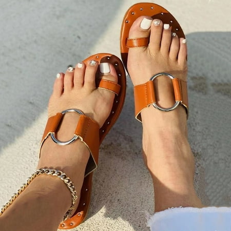 

FITORON Womens Slippers- Shoes Rivets Soft Flat Heel Fashion Sets Toes Cloth Sandals Flip Flop Brown 39