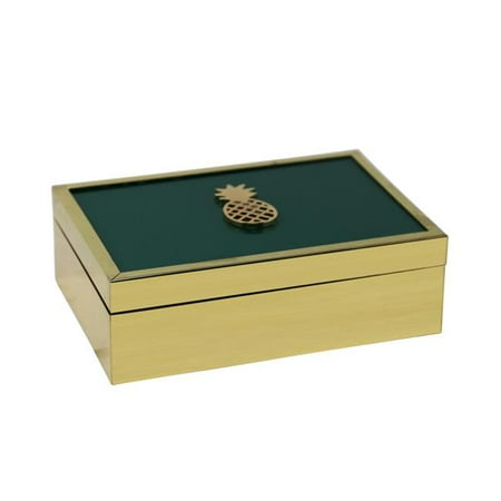 Inlayed Top - Benzara BM190386 Rectangle Wooden Storage Box with Pineapple Accent & Glass Inlaid Top - Gold & Green - 7.5 x 5.25 x 2.25 in.