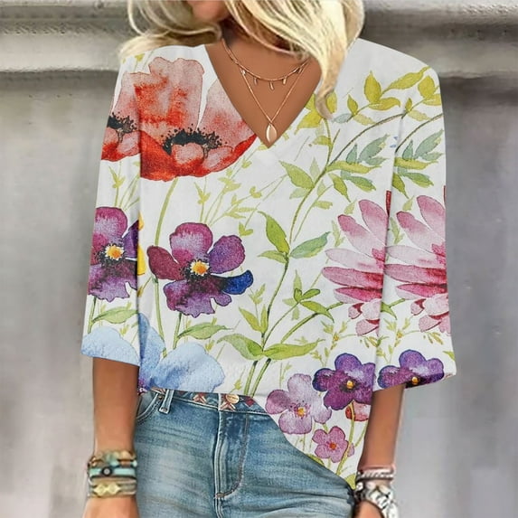 Plus Size Summer Tops 2023 Women Fashion Printed T-shirt 3/4 Sleeves Blouse V-Neck Casual Tunic on Clearance