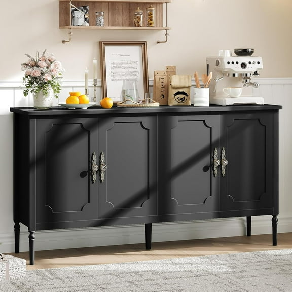 Storage Cabinet with 4 Doors 59" Large Sideboard Buffet Cabinet with Adjustable Shelves Wood Coffee Bar Cabinet for Living Dining Room Kitchen