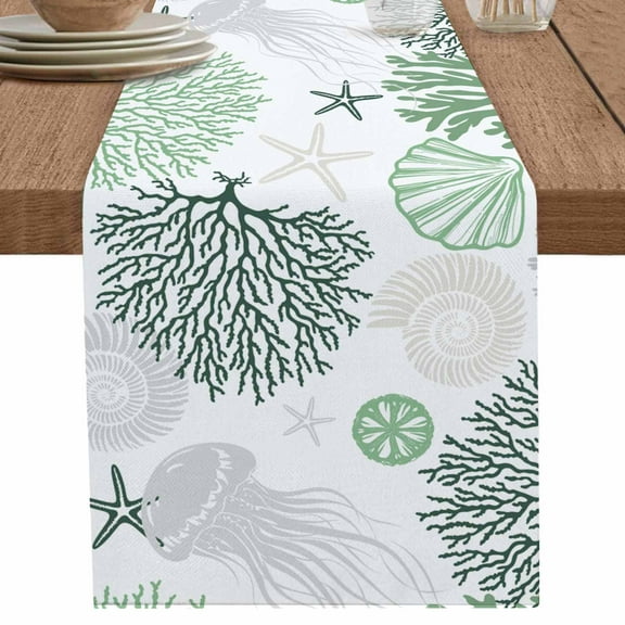 nqOlkjepod Sage Green Coastal Table Runner 72 Inches Long Farmhouse Dress Scarves, Coral Grey Jellyfish Nautical Dining Tablerunner for Coffee Table/Kitchen Island/Party Décor, 16" x 72"