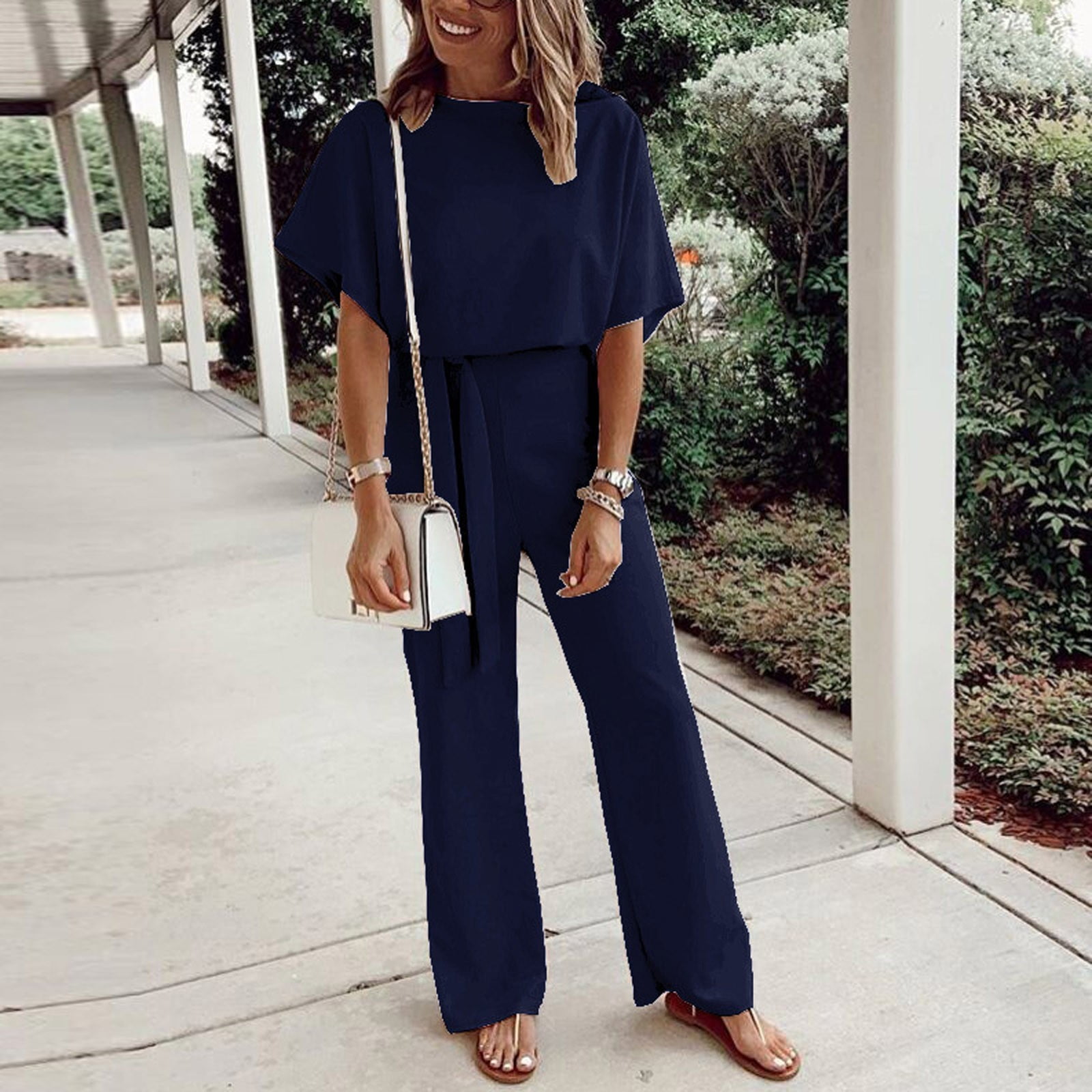 Alrise Navy Jumpsuit,Women Fashion Leisure Solid Color LaceUp Short