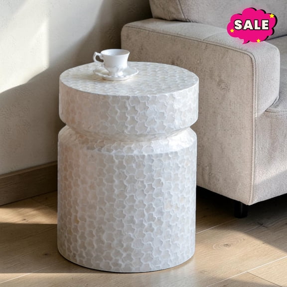 GZXS 14 Inch Round Side Table, Decorative End Table, Accent Stool Plant Stand for Living Room, White
