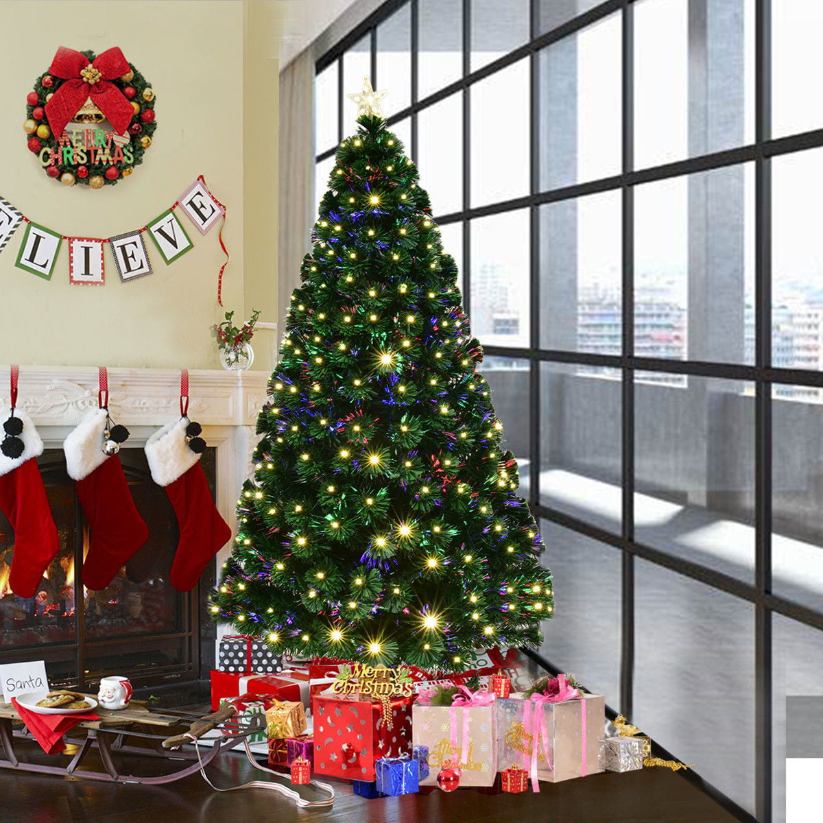 Goplus 5' PreLit Fiber Optic Artificial Christmas Tree w/ 180 LED Lights & Top Star Walmart