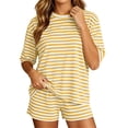 thumbnail image 2 of BRELIL Women's Round Neck Short Sleeve T-Shirt Two Piece Set Elastic Waisted Shorts Striped Casual Lounge Matching Outfits Summer Everyday Wear, Yellow L, 2 of 8