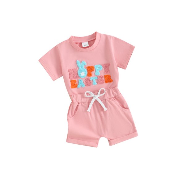 Toddler Baby Girl Easter Outfits Fuzzy Letter Bunny Embroidery Short Sleeve T-Shirts Shorts 2Pcs Summer Clothes Set