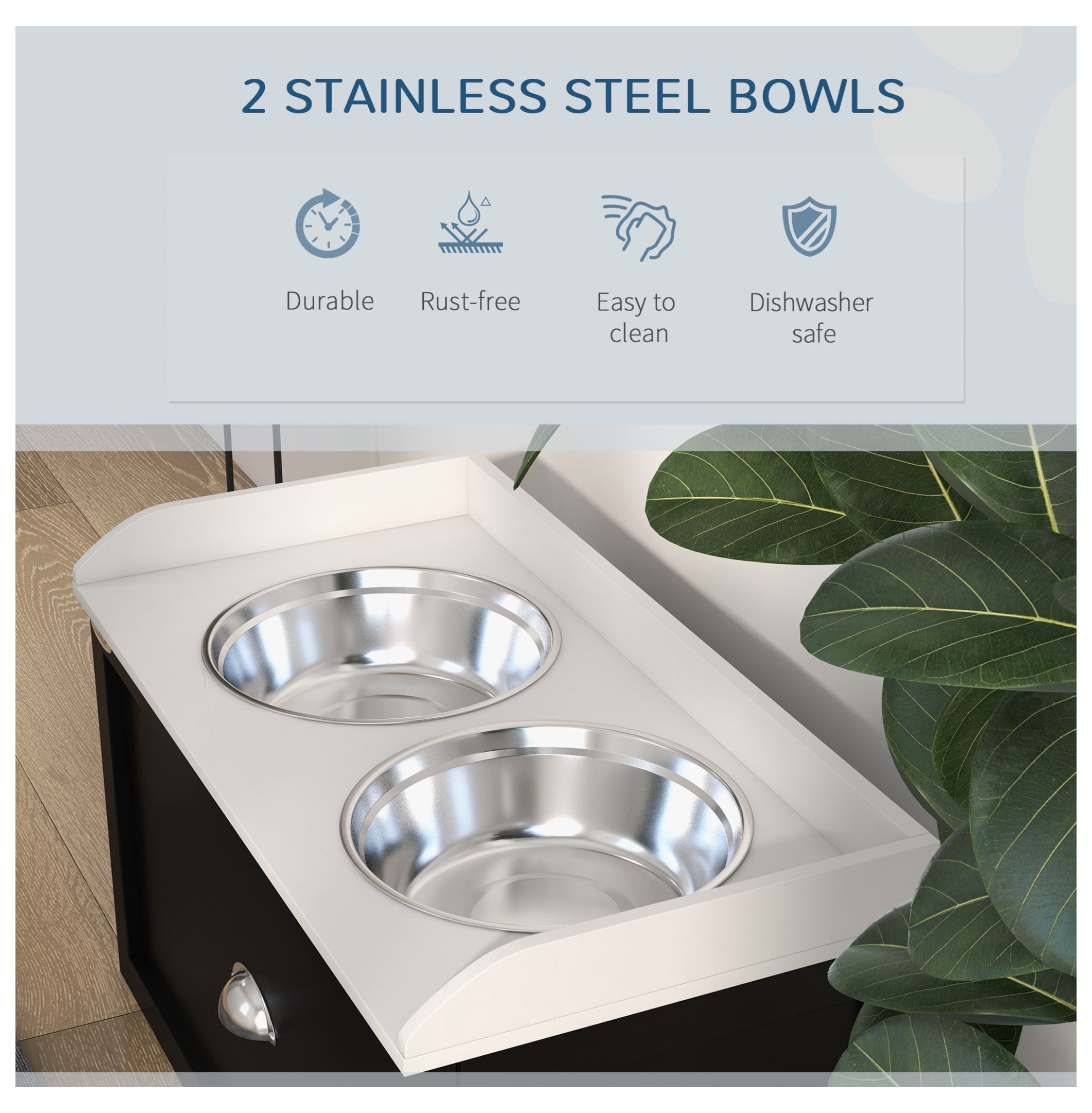 Elevated Dog Bowls with Storage, Pet Feeder Station for Large Dogs, 2 Stainless Steel Bowls, White & Black