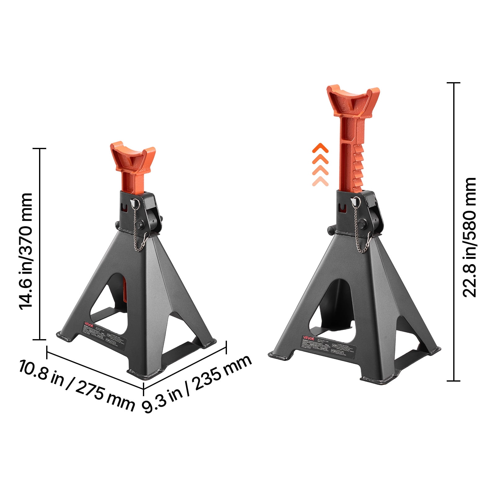 VEVOR Jack Stands, 6 Ton (13,000 lbs) Capacity, 14.6-22.8 in Adjustable Height, Heavy Duty Steel Jack Auto Stands with Double Locking, for Lifting RV, Small Truck, Car, SUV, 1 Pair, Black and Orange