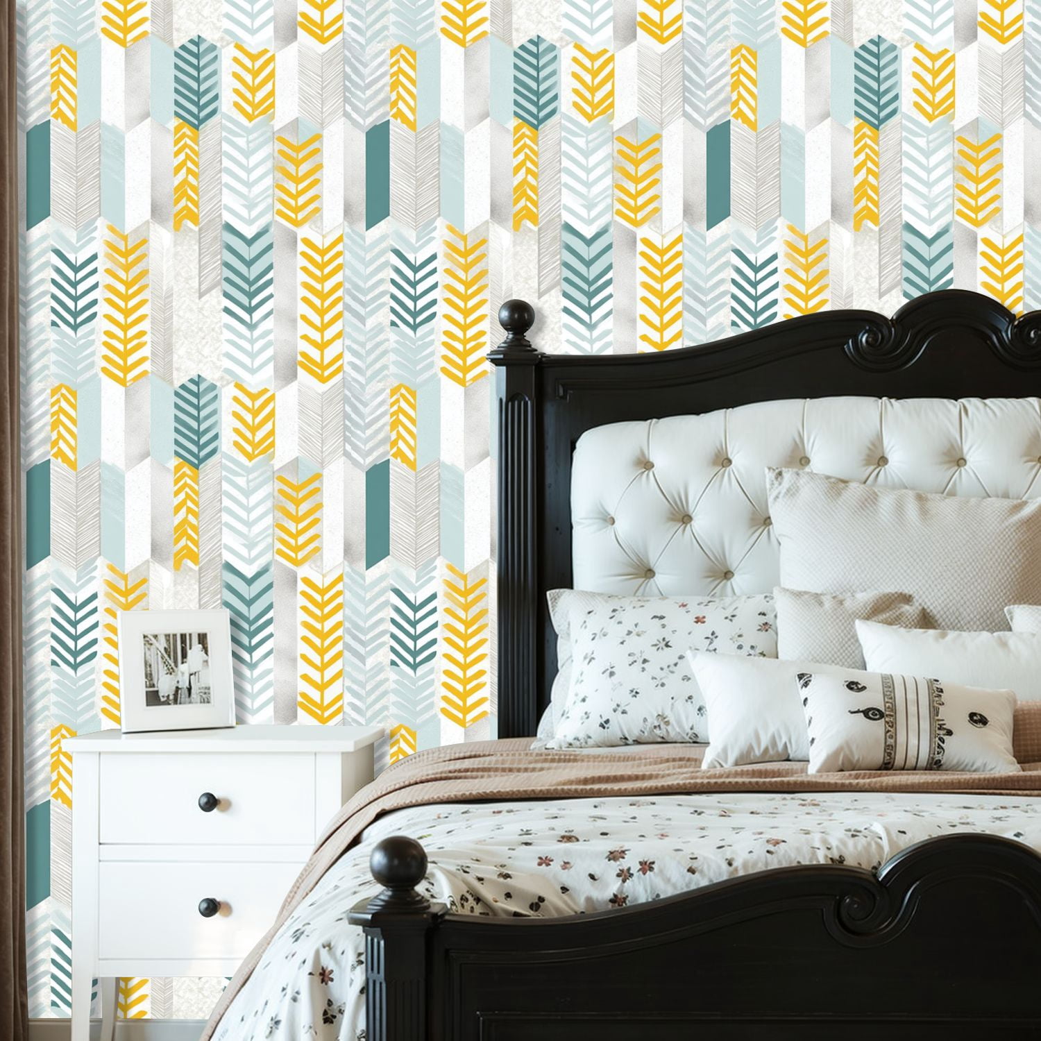 Vintage Peel and Stick Wallpaper Geometric Leaf Yellow Teal White Modern Wall Mural 23.6in x 9.8ft Self Adhesive Removable Wall Paper Renter Friendly Wallpaper for Nursery Bedroom Cabinets