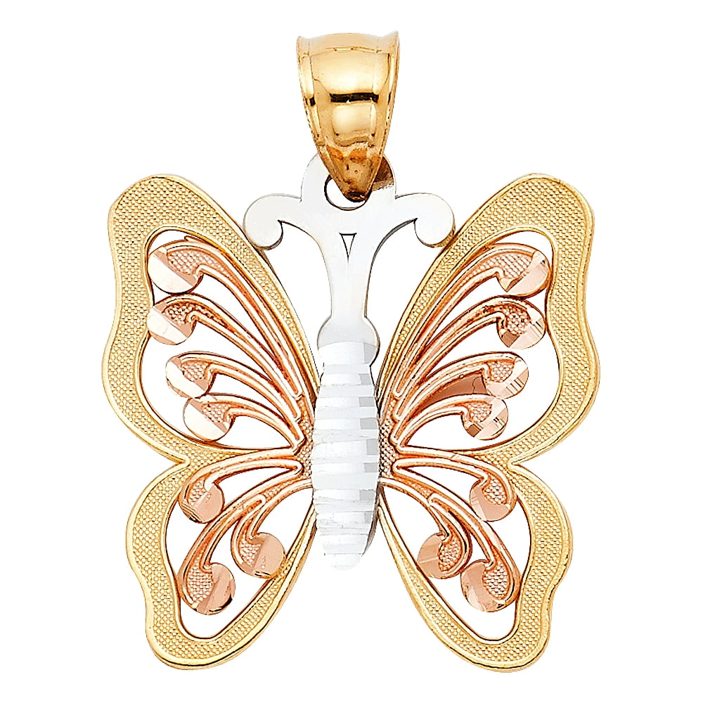 14k Tri Color Gold Butterfly Pendant Charm