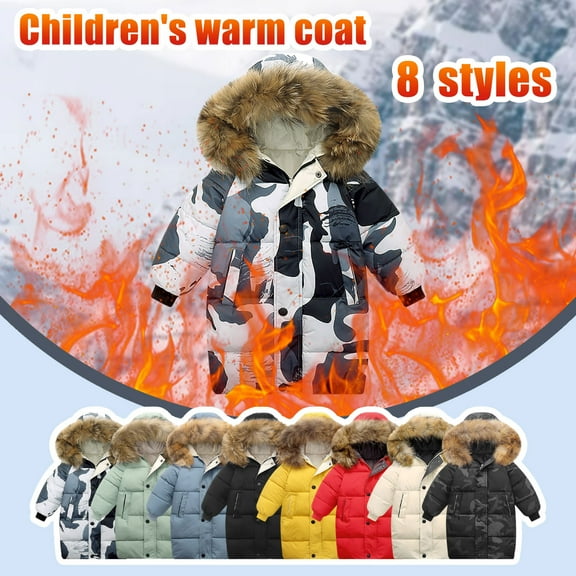 Feancey Boys Down Coats Winter Warm Long Puffer Jacket with Fur Trim Hood Kids Windproof Snow Coat Girls Hooded Parka Jackets with Pockets Beige 4-5 Years