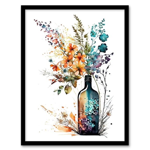 Wine Bottle Wildflowers Watercolour Painting Orange Blue Purple Spring Flower Blooms Art Print Framed Poster Wall Decor 12x16 inch