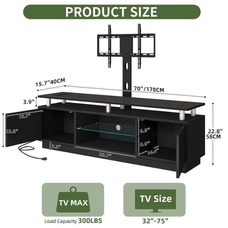 Uforic LED TV Stand with Mount & Power Outlet, Height Adjustable TV Mount for 75/65/60 inch TVs, Black