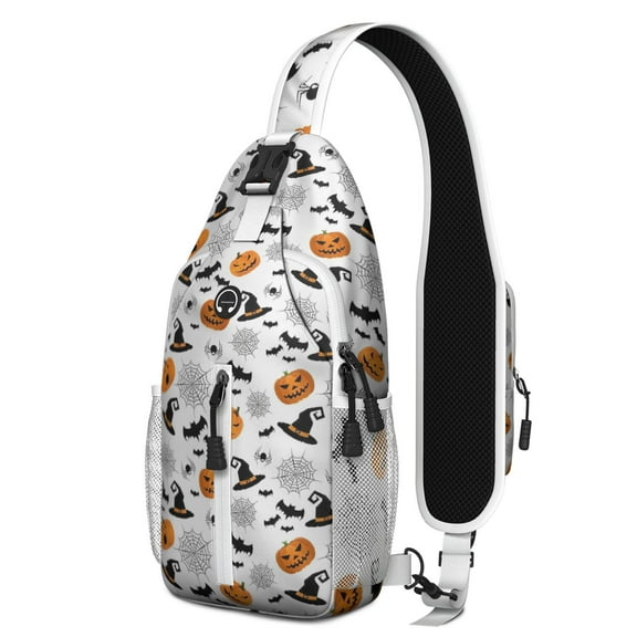 Sling Backpack,Halloween Witch Hats Pumpkins and Spider Webs Crossbody Bag with Water Bottle Holder,Waterproof Sling Bag for Men/Women with Chest Phone Holder for Hiking,Travel