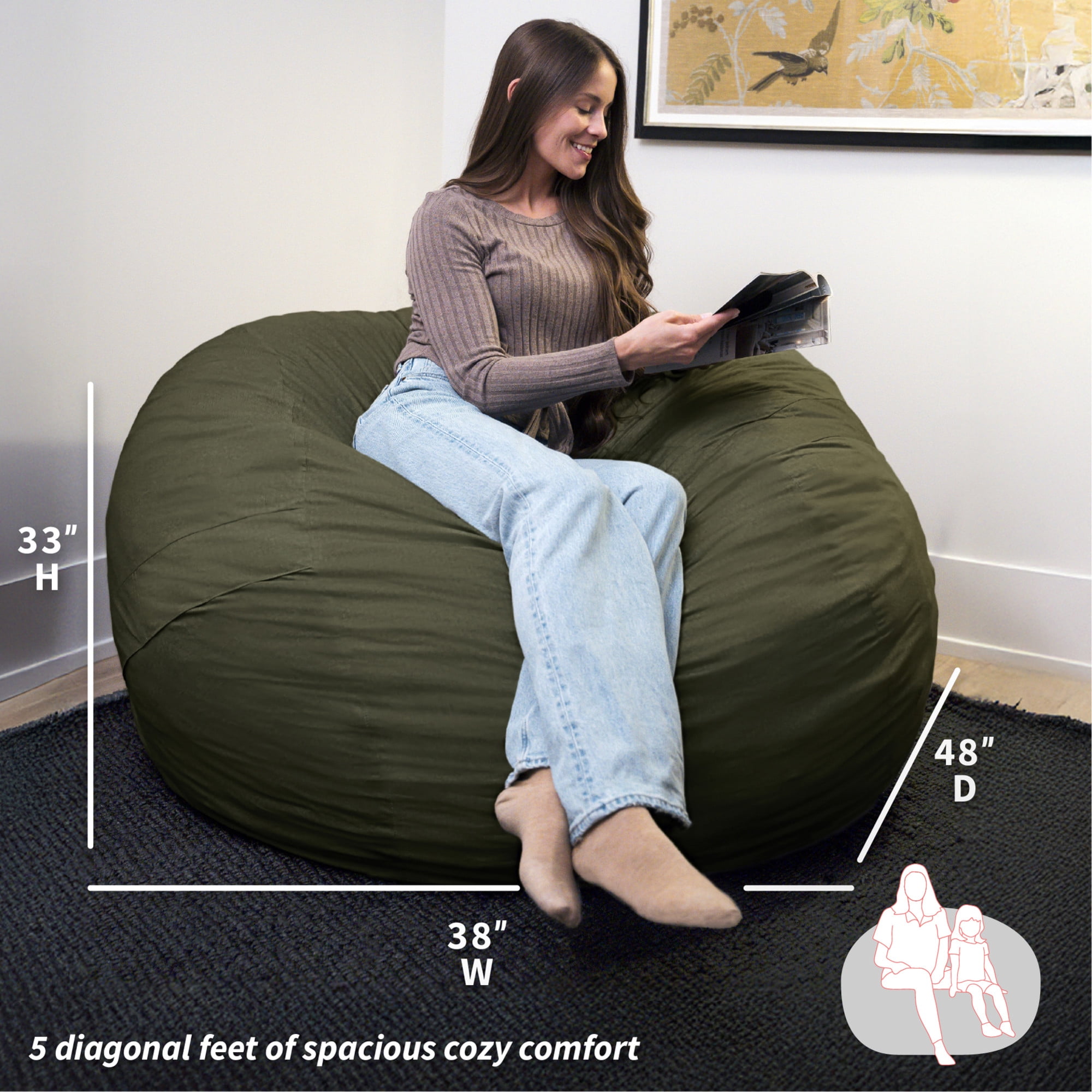Big Joe Fuf 5Ft Oversized Foam Bean Bag Chair for Kids, Teens, Adults, Forest Green Velveteen, Durable Woven Polyester, 5 foot Large Reading and Gaming Seat