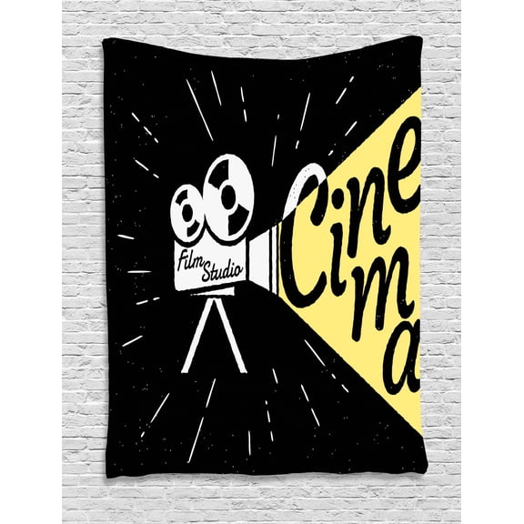 Movie Theater Tapestry, Movie Projector Sketch with Grunge Cinema Lettering on Black Backdrop, Wall Hanging for Bedroom Living Room Dorm Decor, 40W X 60L Inches, Yellow Black White, by Ambesonne