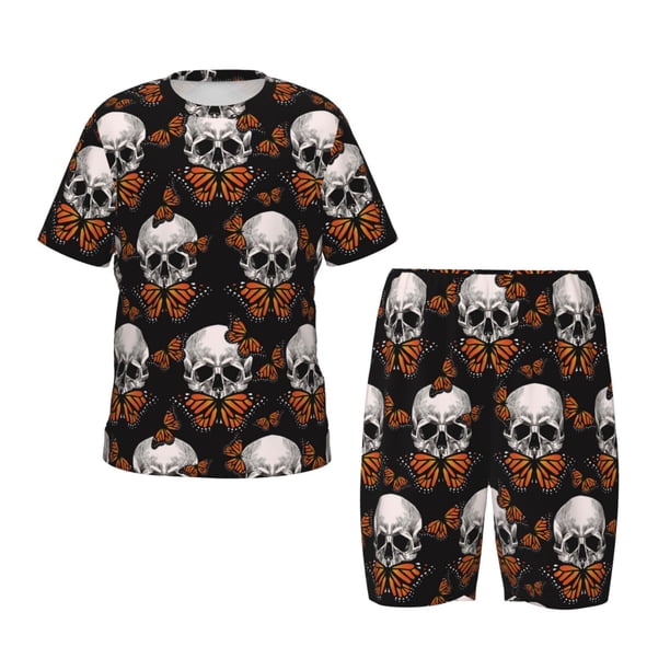 Balery Butterfly Skull Conjunto de Pijama Infantil de Manga Corta con Estampado – Ropa de Dormir de Algodón Suave-Large