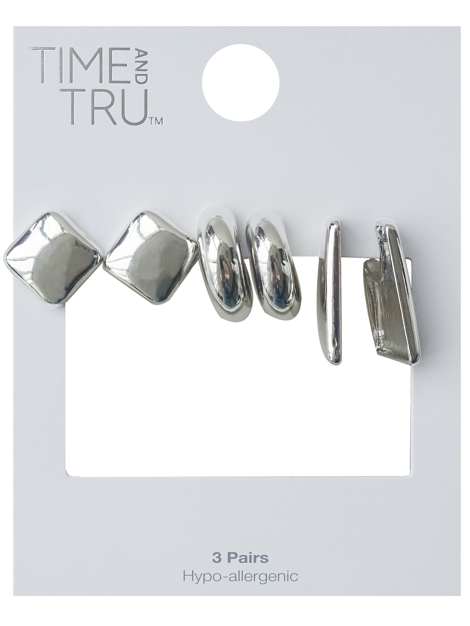 Time and Tru Women's Silver Plated Metal 3 Pair Hoop Earring Set