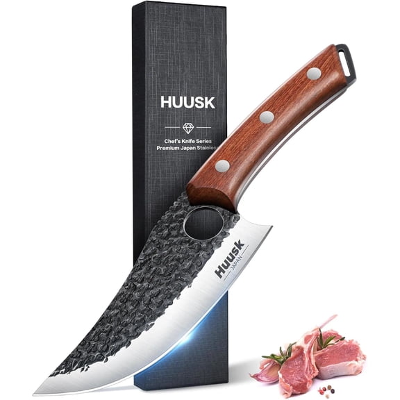 Huusk Viking Knife, Japanese Butcher Knife for Meat Cutting, Hand Forged Boning Knives with Ergonomic Wood Handle, High Carbon Steel Japanese Chef Knifes for Camping, BBQ, Knives for Men's Gifts