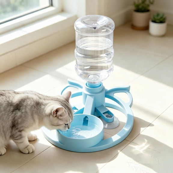 Automatic Cat Water Dispenser with Stand - No-Spill Tipping Water Bottle Bowl, Stable Pet Feeding Station for Cats and Puppies, Portable Hydration Solution for Home Balcony Travel, Blue