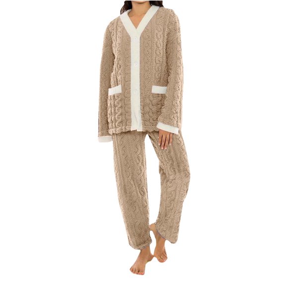 aohooy Fuzzy Pajamas for Women Set Soft Warm 2 Piece Fleece Pullover Button Pjs Set Winter Sleepwear Loungewear Outfit Khaki,Free Size