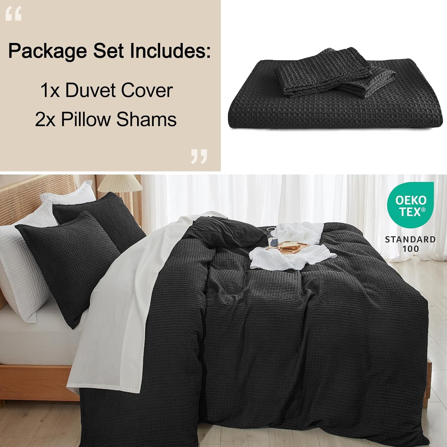 PHF Waffle Duvet Cover Set King Size, 3 Pieces Soft Breathable Bedding Comforter Cover for All Seasons, Waffle Textured Duvet Cover with 2 Pillow Shams Bedding Collection, 104"x90", Black