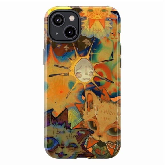Trippy Cat Art Phone Case, Surreal Sun & Moon Fantasy Illustration iPhone Cover, Psychedelic Artistic Protective Case for iPhone 16 15 14 13 12 11 Pro Plus Mini