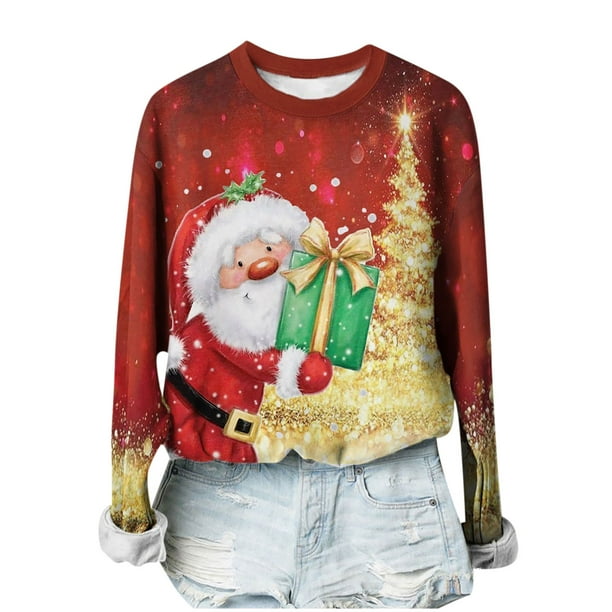 Moda Mujer Casual Navidad Impreso Manga larga O-cuello Sudadera Tops Blusa Pompotops gfhjh10615