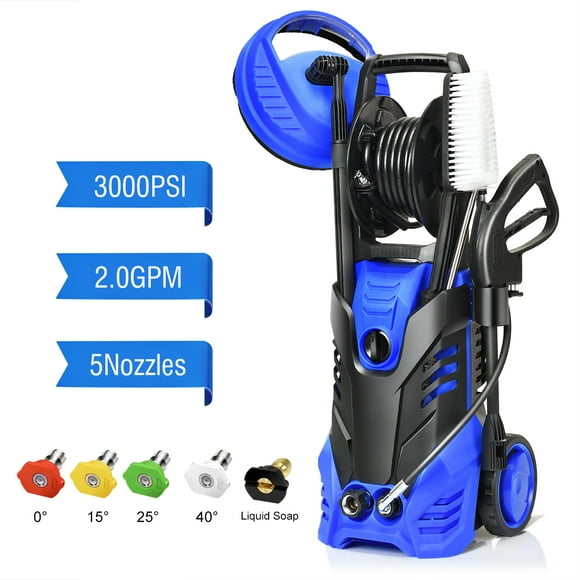 Giantex 3000PSI Electric Pressure Washer, Portable High Power Washer w/ 5 Nozzles, Hose Reel, Soap Bottle, 2 GPM 2000W (Blue)