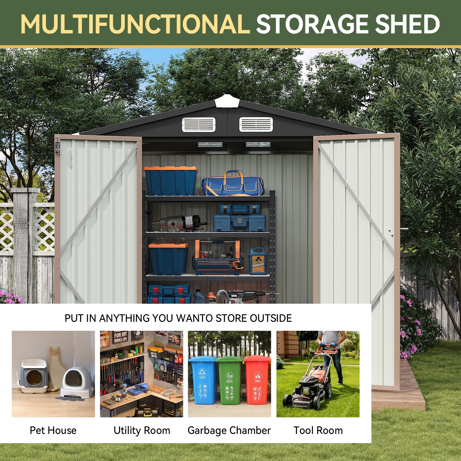 BaPiPro 6'x4' Metal Storage Shed, Outdoor Metal Shed Garden Tool Shed with Sloping Roof, Double Lockable Doors, Vents, Brown