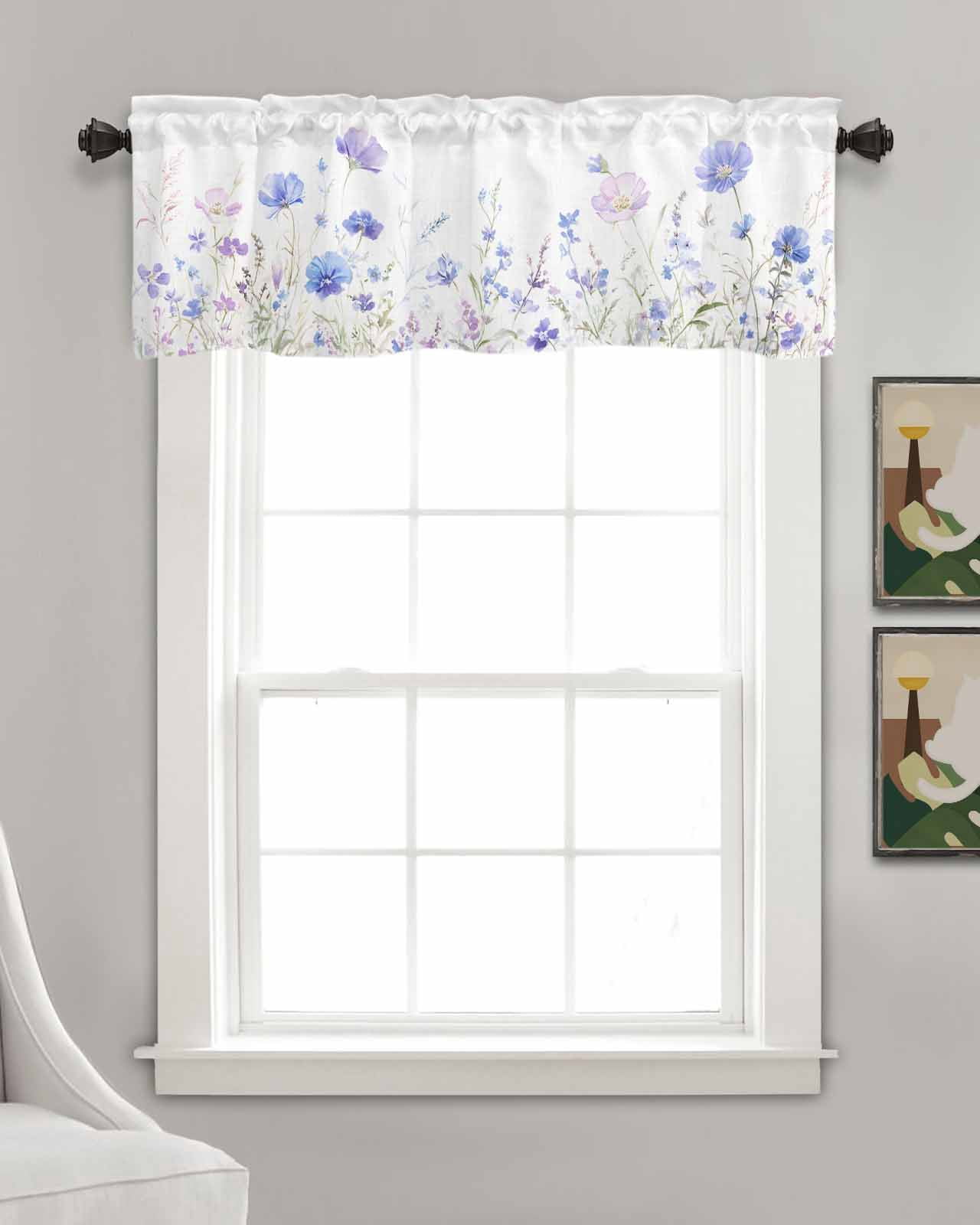 Lavender Flowers Kitchen Valances for Windows Farmhouse Linen Window Valance Curtain for Living Room Window Treatment Spring Blooms Botanicals Garden Floral Valance Rod Pocket Topper, 60 x 18 Inch