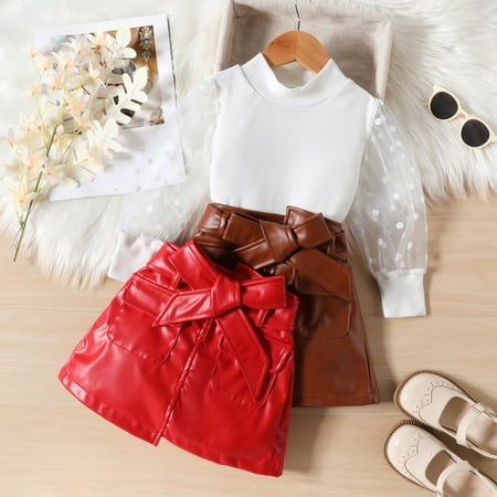 

LYCAQL Girls Clothes Outfit Toddler Girls Long Sleeve Long Sleeve Solid Colour Ribbed Tops Bowknot Skirt Belt Three Piece Size (Red 6-7 Years )