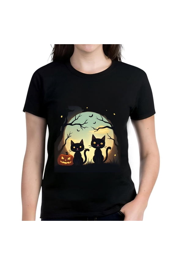 Halloween Black Cat Cotton Short Sleeve T-Shirt - Spooky Scene with Bats & Pumpkin Design