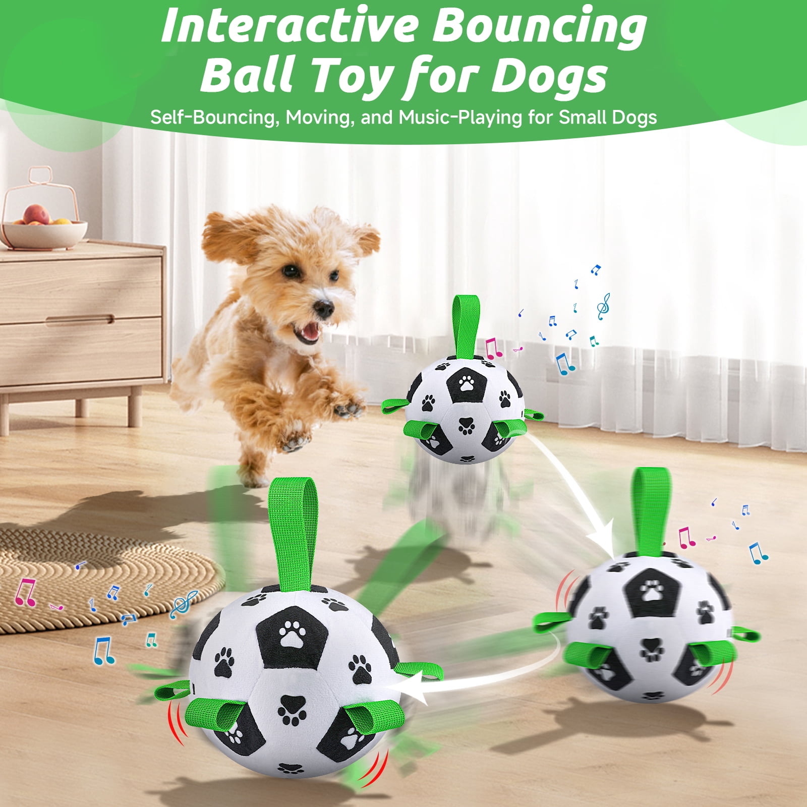 QDAN Smart Interactive Rechargeable Soccer Ball Dog Toy with Straps Remote Control & Music Mode for Small to Medium Dogs