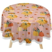 SKYSONIC Cute Fox Pumpkins Round Tablecloth 60inch Indoor Wrinkle Free, Fall Pattern Circular Lace Table Cover Washable for Kitchen Party BBQ Dining Decor