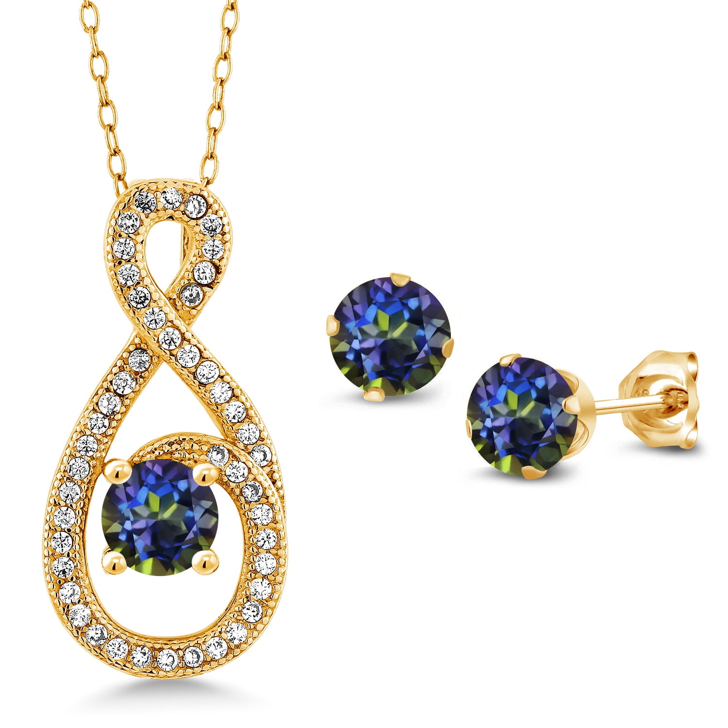 Gem Stone King 2.10 Ct Blue Mystic Topaz 18K Yellow Gold Plated Silver Pendant and Earrings Jewelry Set