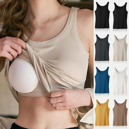 Feancey Tank Tops for Women with Built in Bra Summer Sleeveless Cotton T Shirts Solid Color Casual Round Neck Nursing Tank Shirt Holiday Clearance Sale Black XL