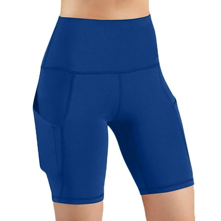 Hot days  bold styles. Olyvenn Women s High Waist Yoga Shorts with Pockets Tummy Control Workout Running Biker Shorts Blue 6