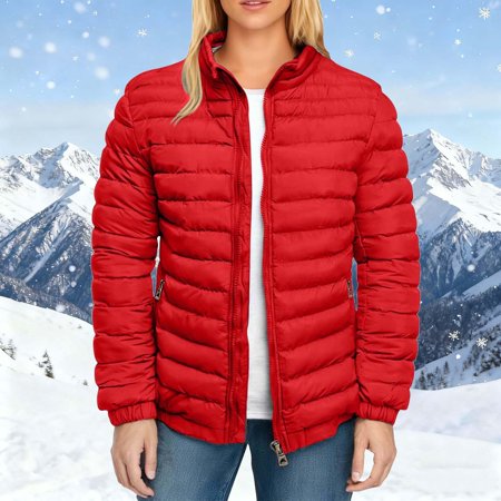 BXJX Women s Quilted Puffer Jacket- Stand Collar Casual Everyday Wear Warm Winter Zip-Up Coat with Pockets Red Size L