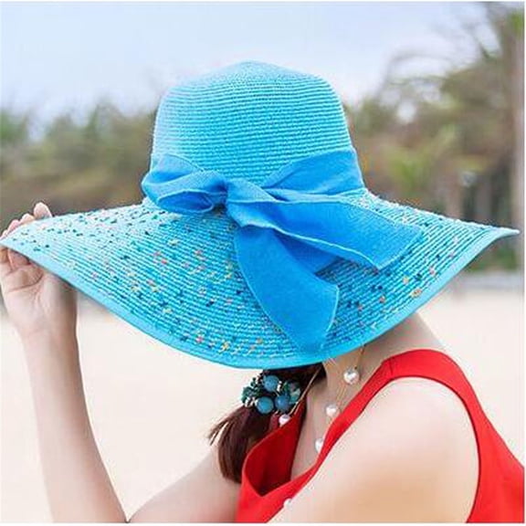 Pxiakgy baseball cap Women Colorful Big Brim Straw Bow Hat Sun Floppy Wide Brim Hats Beach Cap Blue   One size
