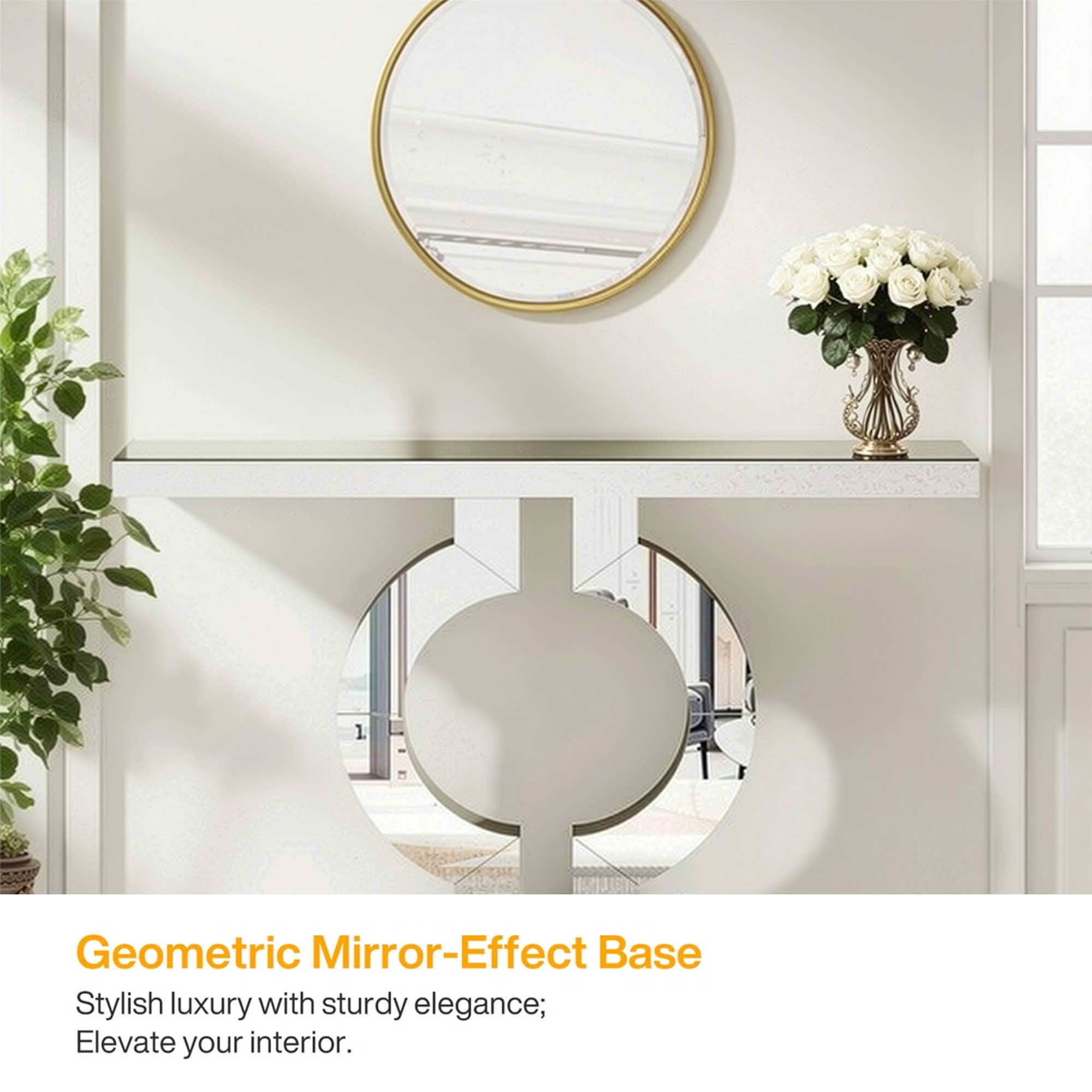 MAYEERTY 43" Modern Mirrored Console Table, Shiny Acrylic Veneer O-Shaped Silver Sofa Table for Entryway Living Room Bedroom