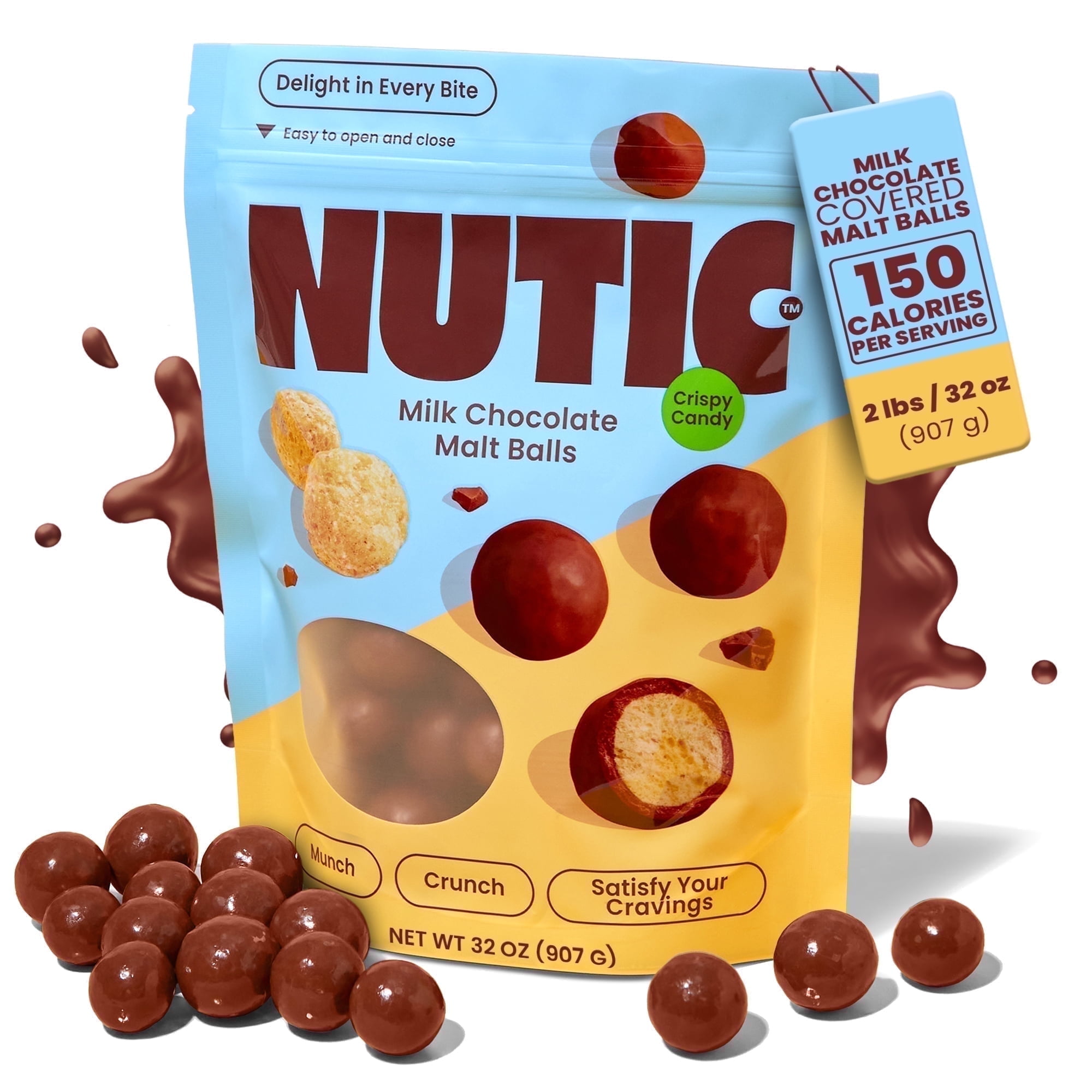 Nutic Gourmet Milk Chocolate Covered Malted Milk Balls - 2 Lb Bulk Candy for Christmas, Holidays & Family Movie Nights - Ideal Food Gift for Couples & Baskets - Sweet, Delicious Holiday Sweets